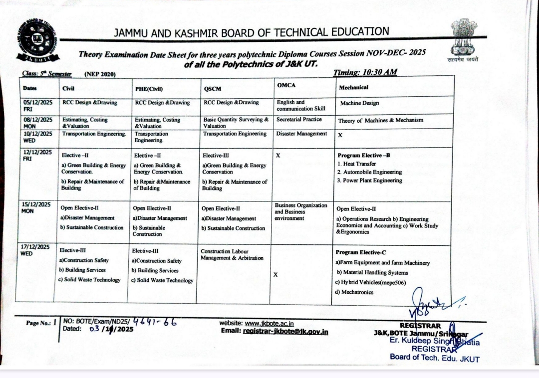 JKBOTE Theory Examination Date Sheet Released for 1st, 3rd, and 5th Semesters (NEP/NEW) – Session ND25