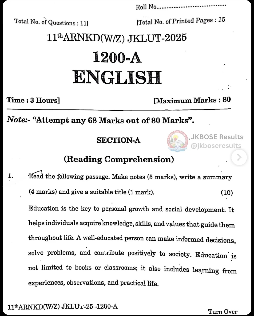 JKBOSE 11th English Paper 2025 Held Today – Download Question Paper PDF & Full Exam Analysis
