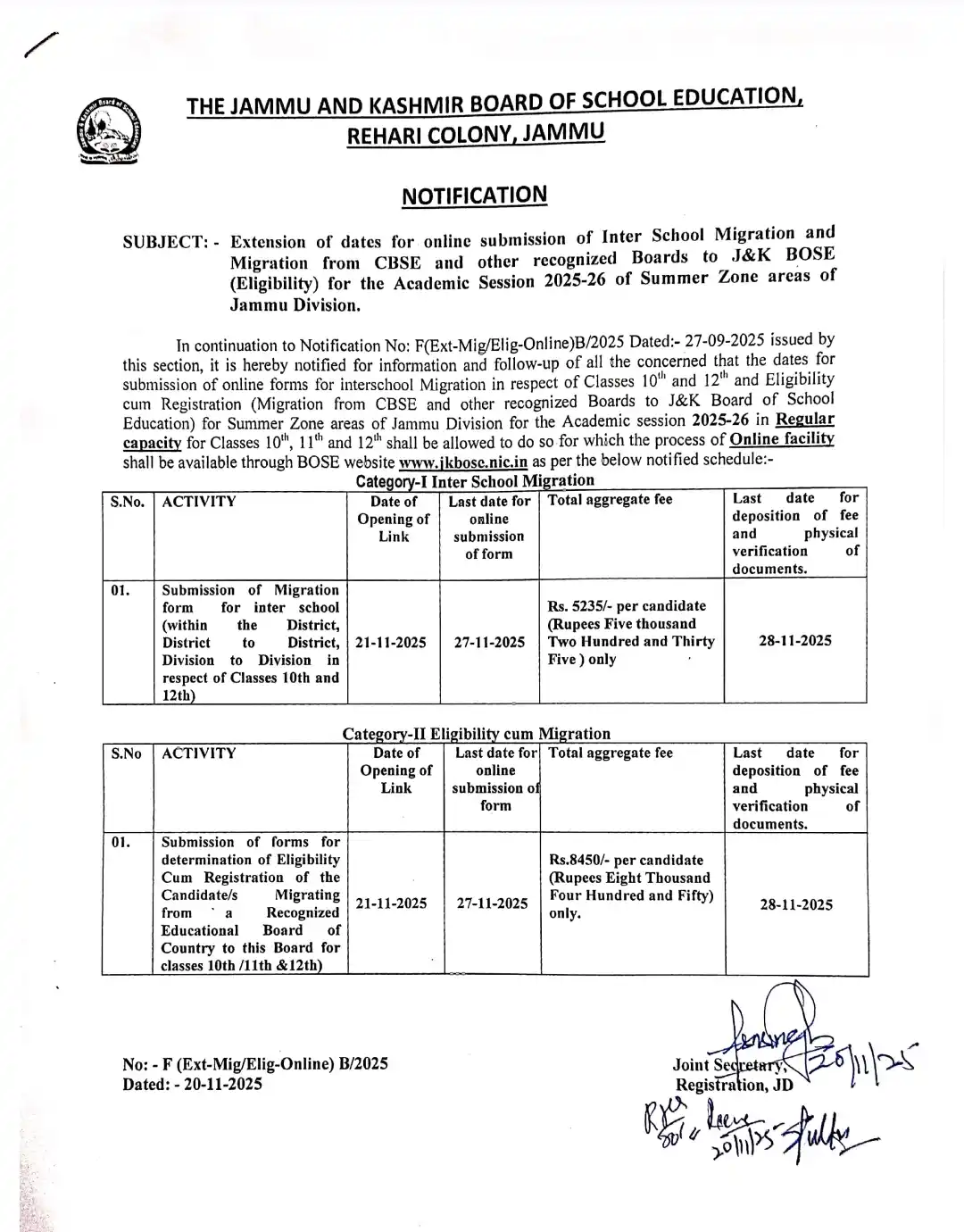 JKBOSE Extends Last Date for Inter School Migration