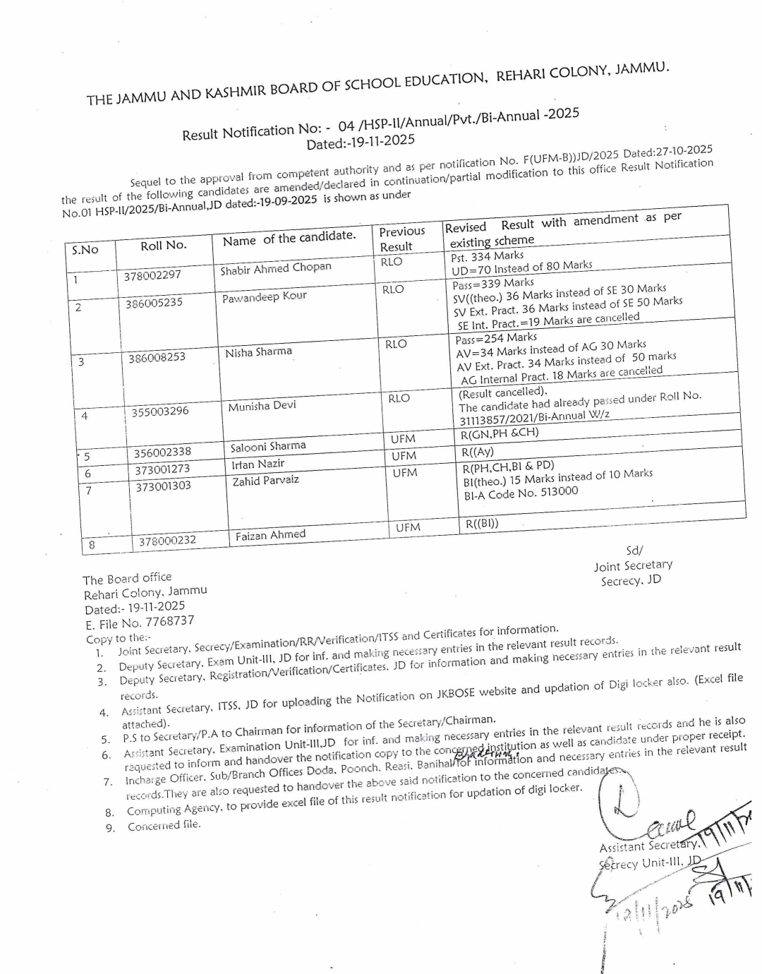 JKBOSE Issues Result Notification for Class 12th (Bi-Annual 2025); Several Student Results Amended