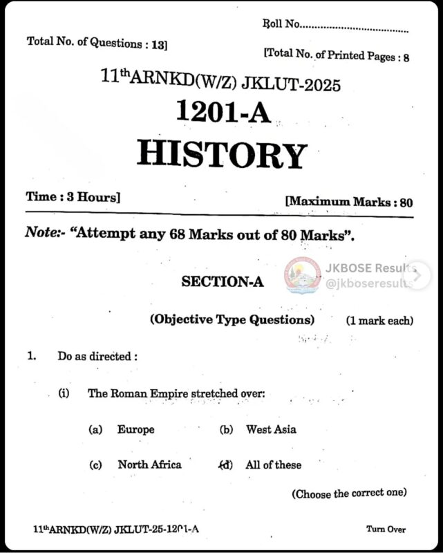 JKBOSE 11th History Paper 2025 Held Today – Download Question Paper PDF & Full Exam Analysis