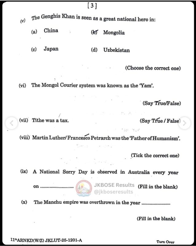 JKBOSE 11th History Paper 2025 Held Today – Download Question Paper PDF & Full Exam Analysis