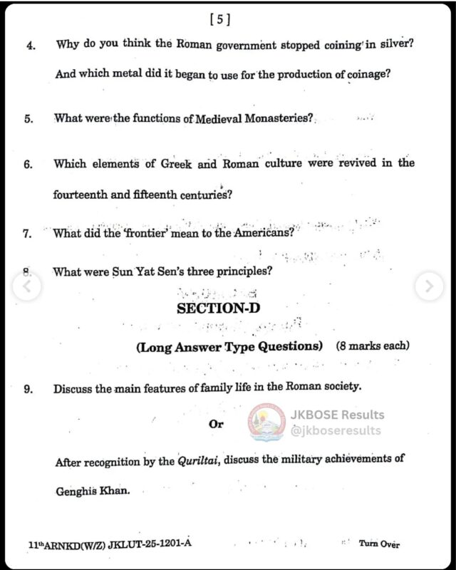 JKBOSE 11th History Paper 2025 Held Today – Download Question Paper PDF & Full Exam Analysis